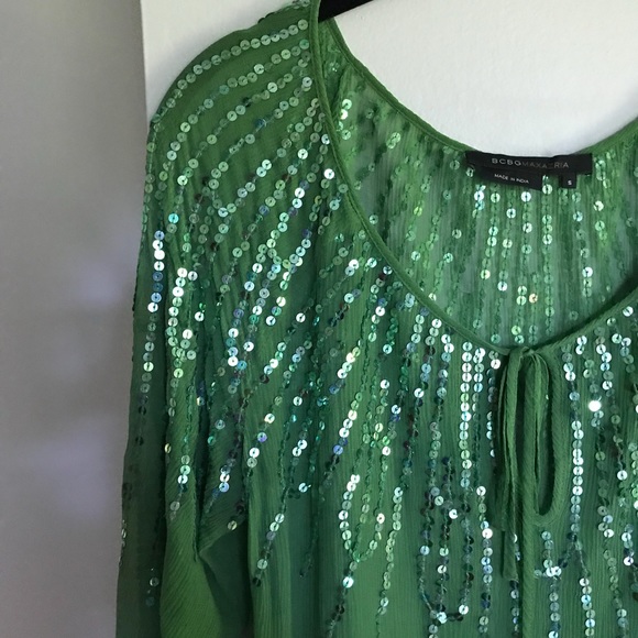 BCBG Sheer Green Sequin Boho Top - Picture 8 of 8